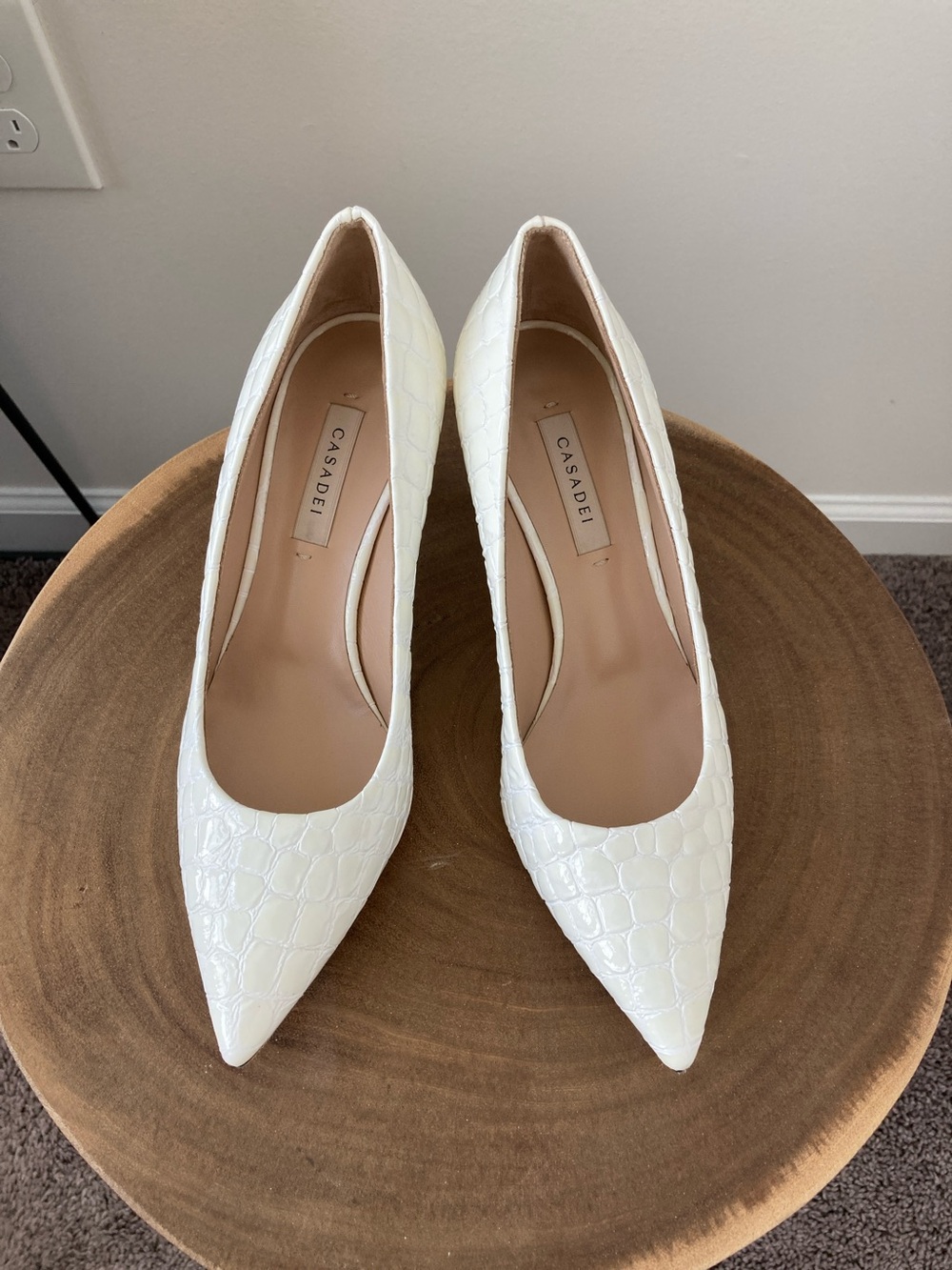 Casadei White Croc-Embossed Pointed-Toe Pumps